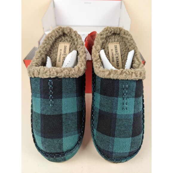 Deer Stags Slipperooz Nordic Slipper Mens 9 Green Black Plaid Faux Fur Shoes NWB - Picture 5 of 10